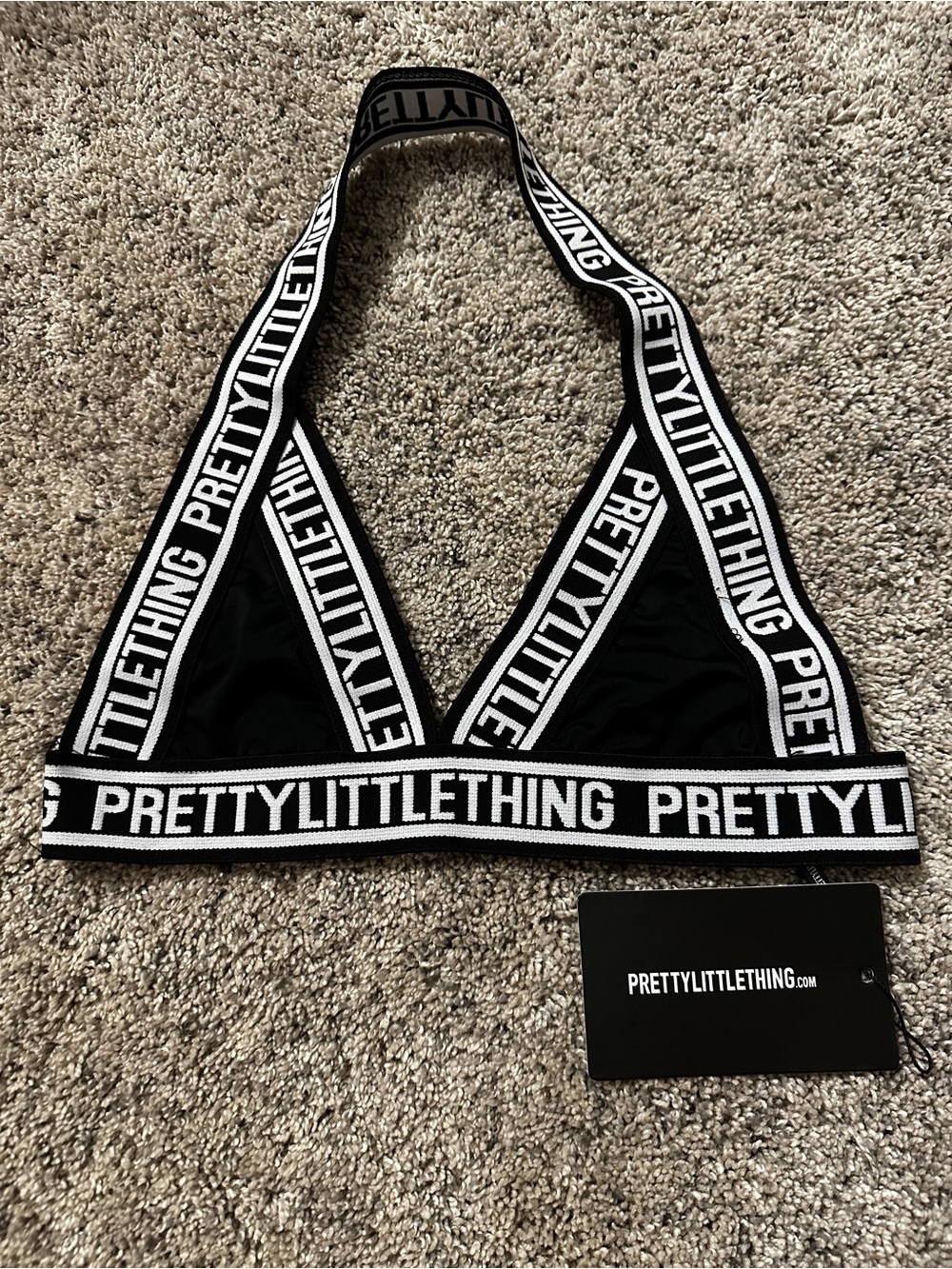 PrettyLittleThing Black and White Logo Triangle Bralette
